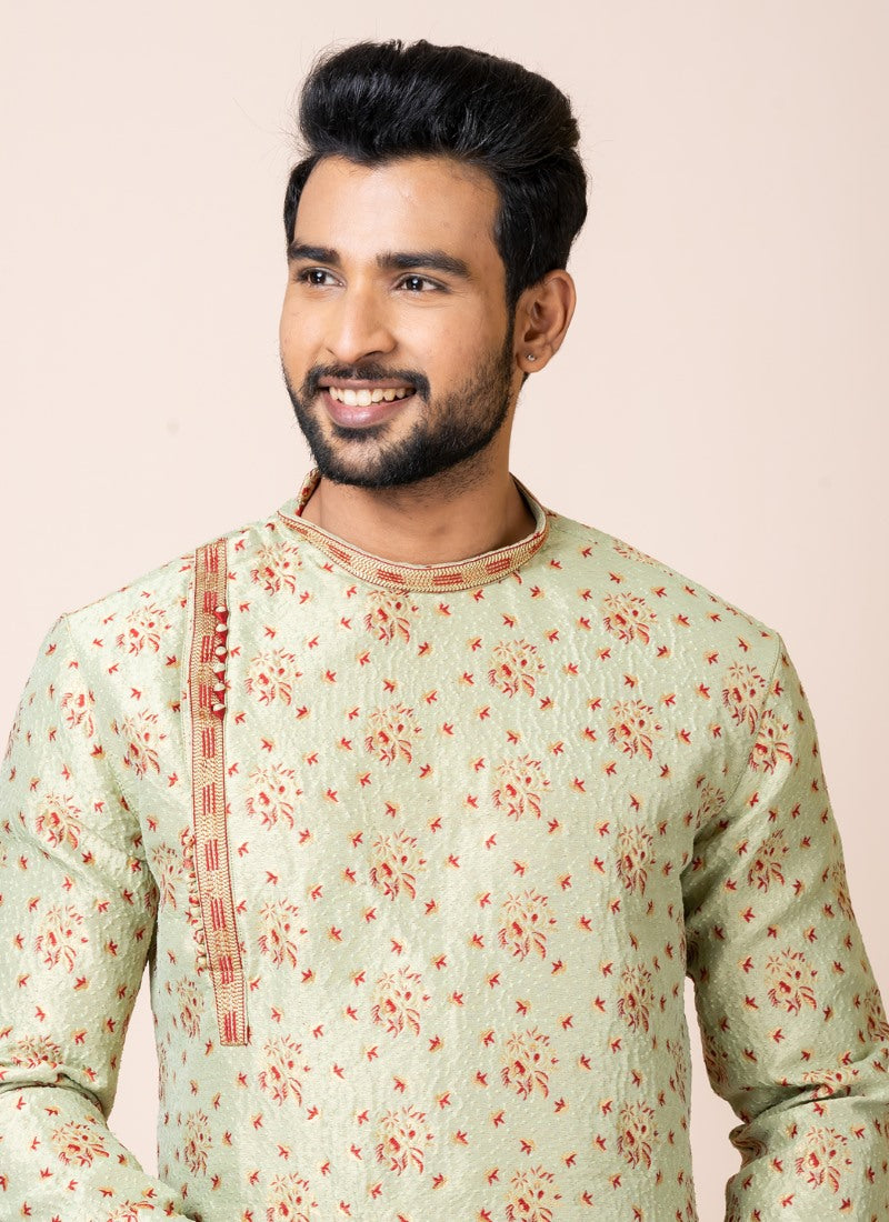 Green Jacquard Silk Kurta With Churidar