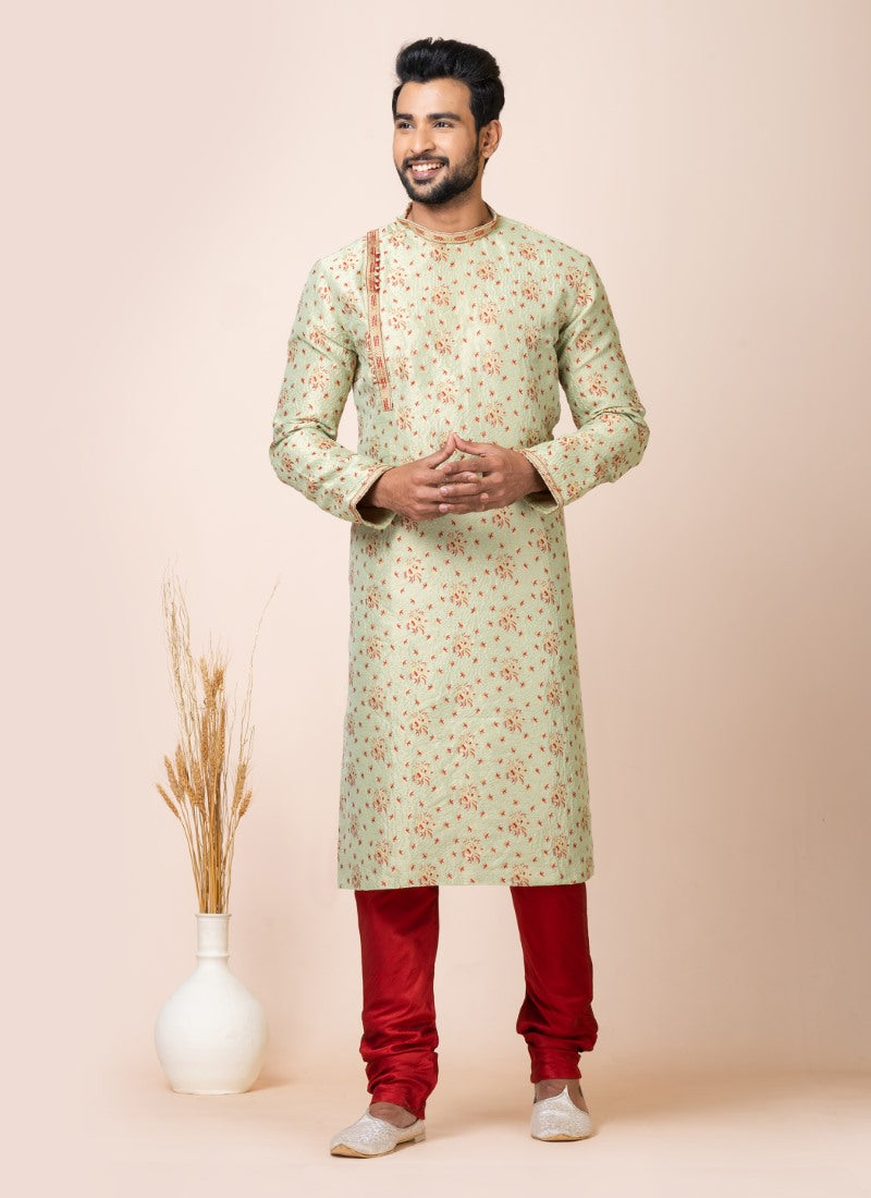 Green Jacquard Silk Kurta With Churidar