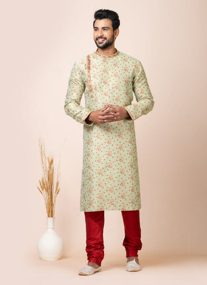 Green Jacquard Silk Kurta With Churidar