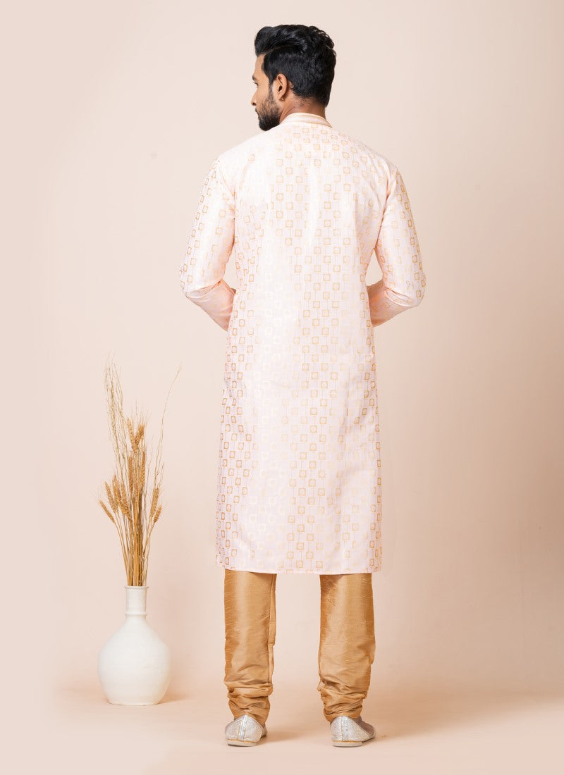 Peach Jacquard Silk Kurta With Churidar