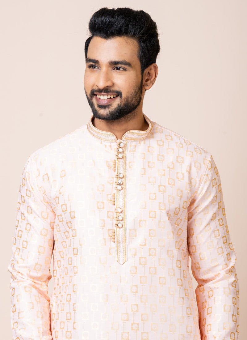 Peach Jacquard Silk Kurta With Churidar