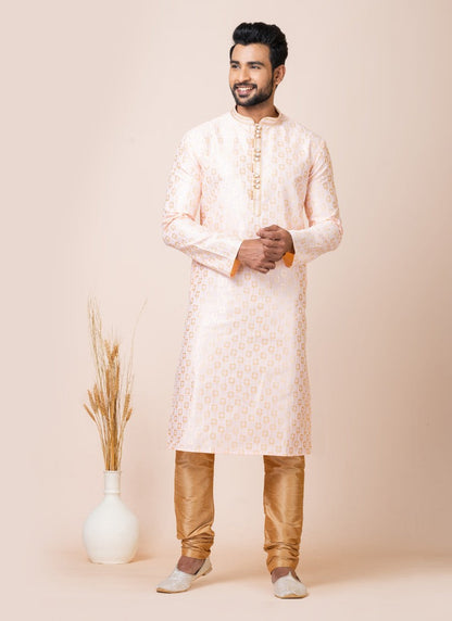 Peach Jacquard Silk Kurta With Churidar