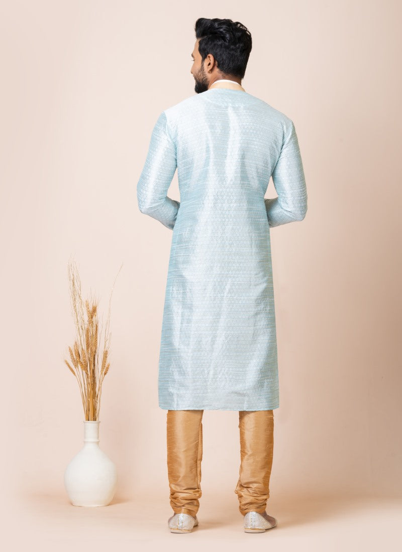 Sky Blue Jacquard Silk Kurta With Churidar