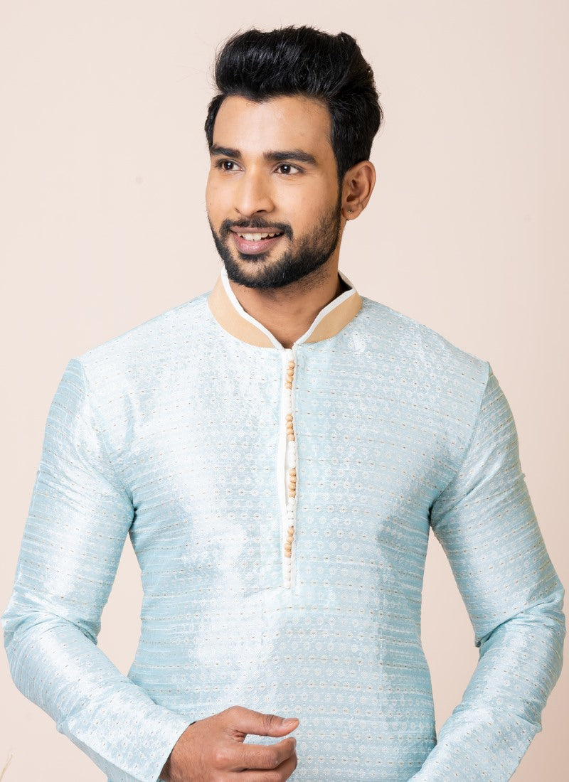 Sky Blue Jacquard Silk Kurta With Churidar