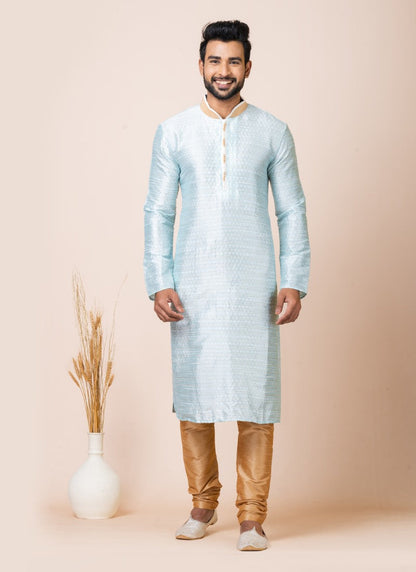 Sky Blue Jacquard Silk Kurta With Churidar