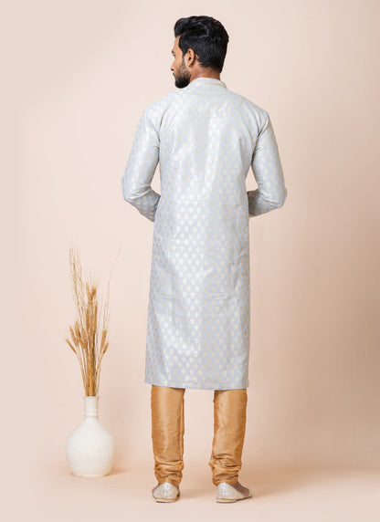 Grey Jacquard Silk Kurta With Churidar