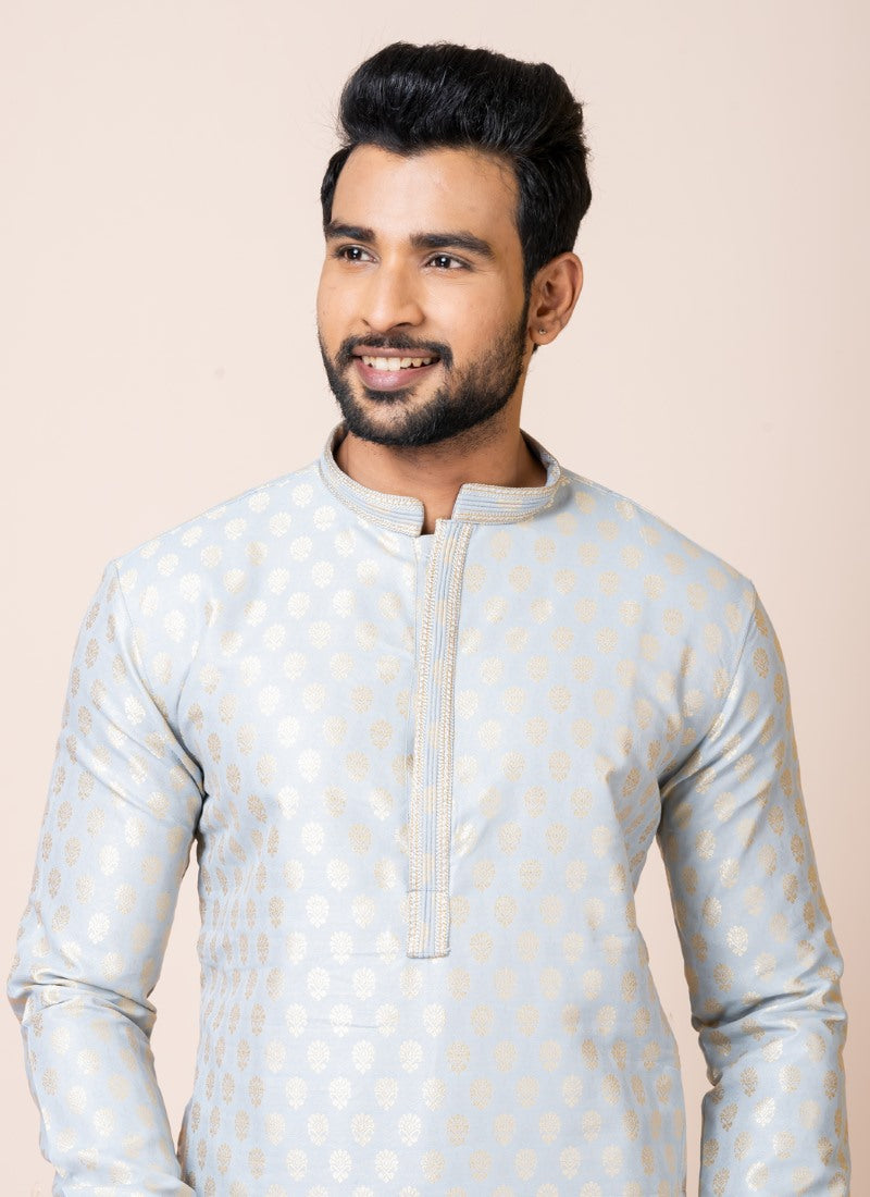 Grey Jacquard Silk Kurta With Churidar