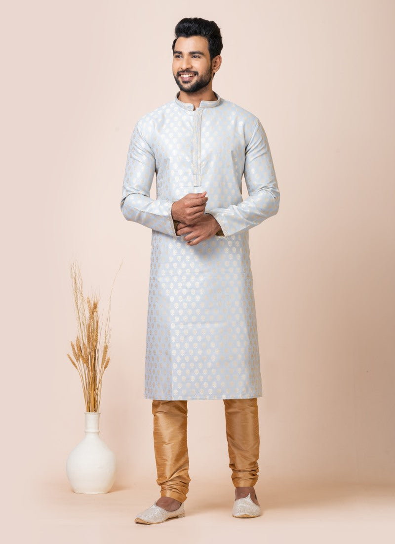 Grey Jacquard Silk Kurta With Churidar