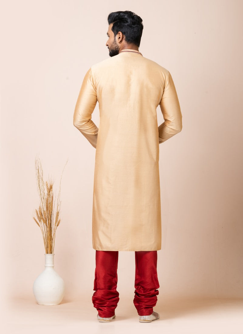 Beige Jacquard Silk Kurta With Churidar