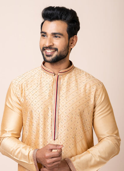 Beige Jacquard Silk Kurta With Churidar