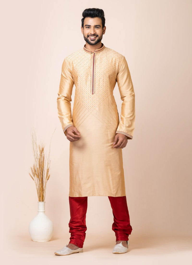 Beige Jacquard Silk Kurta With Churidar