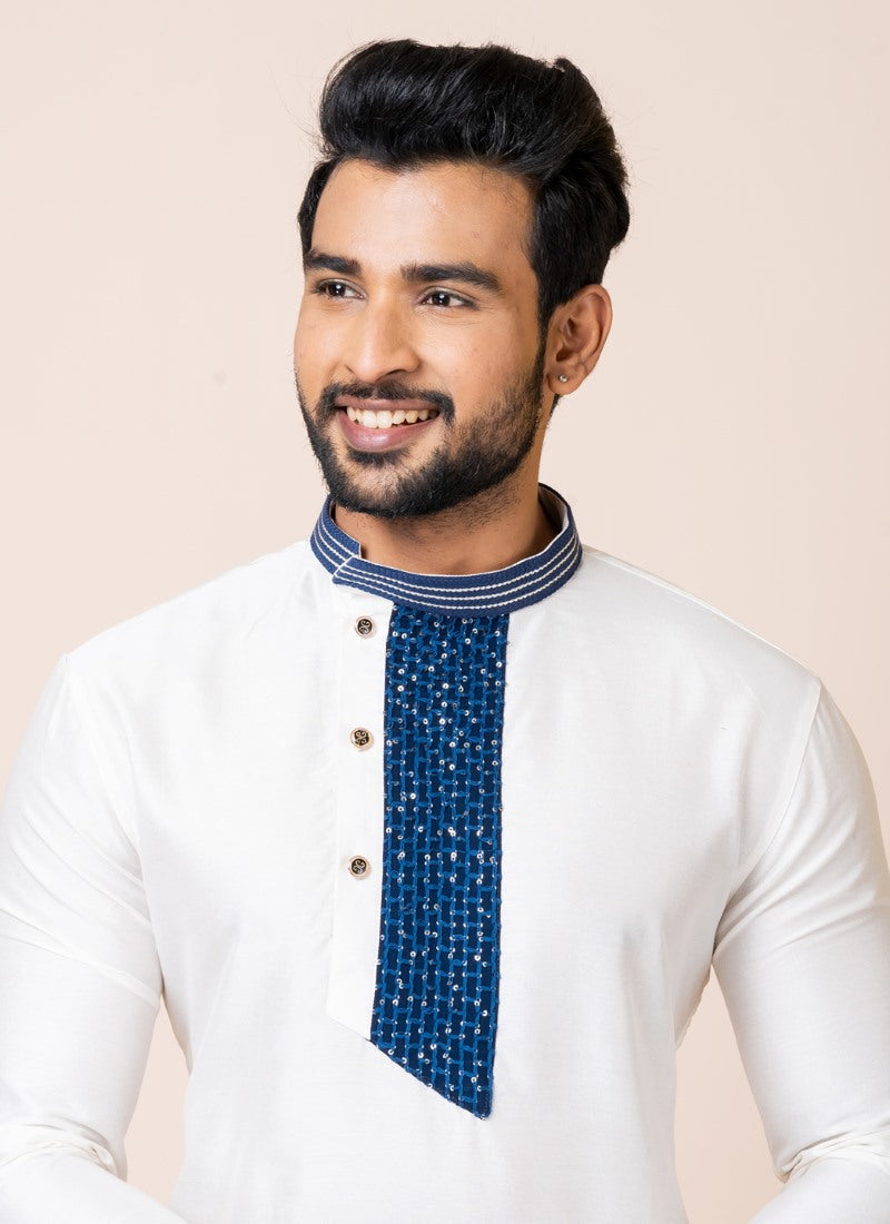 White Jacquard Silk Kurta With Churidar