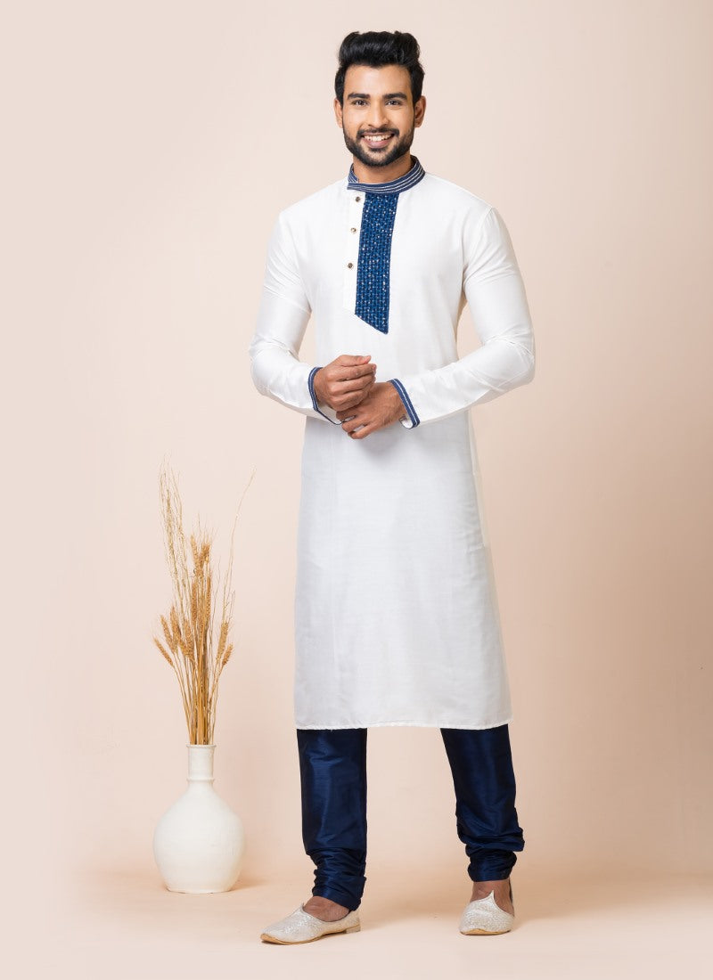 White Jacquard Silk Kurta With Churidar