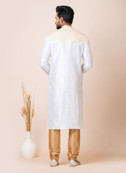 White Jacquard Silk Kurta With Churidar