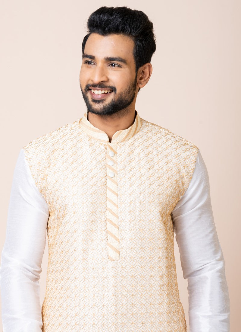 White Jacquard Silk Kurta With Churidar