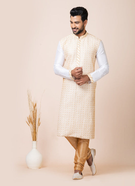 White Jacquard Silk Kurta With Churidar