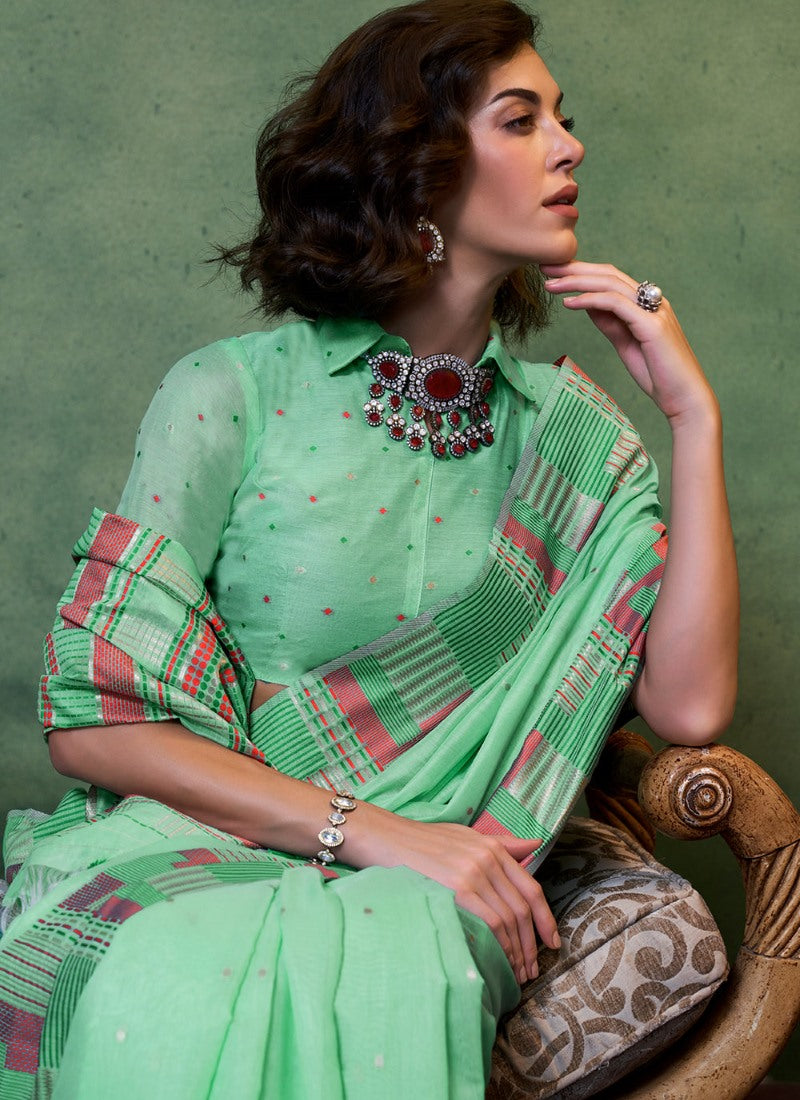 Green Silk Handwoven Saree With Collar Blouse