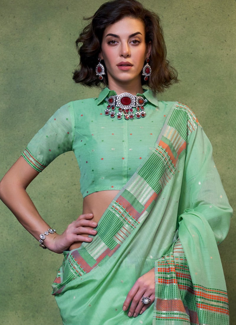 Green Silk Handwoven Saree With Collar Blouse