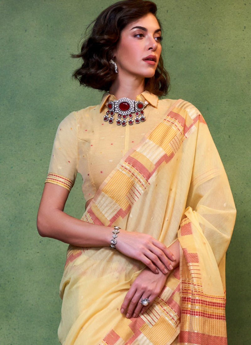 Yellow Silk Handwoven Saree With Collar Blouse