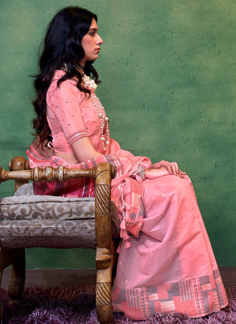 Pink Silk Handwoven Saree With Collar Blouse