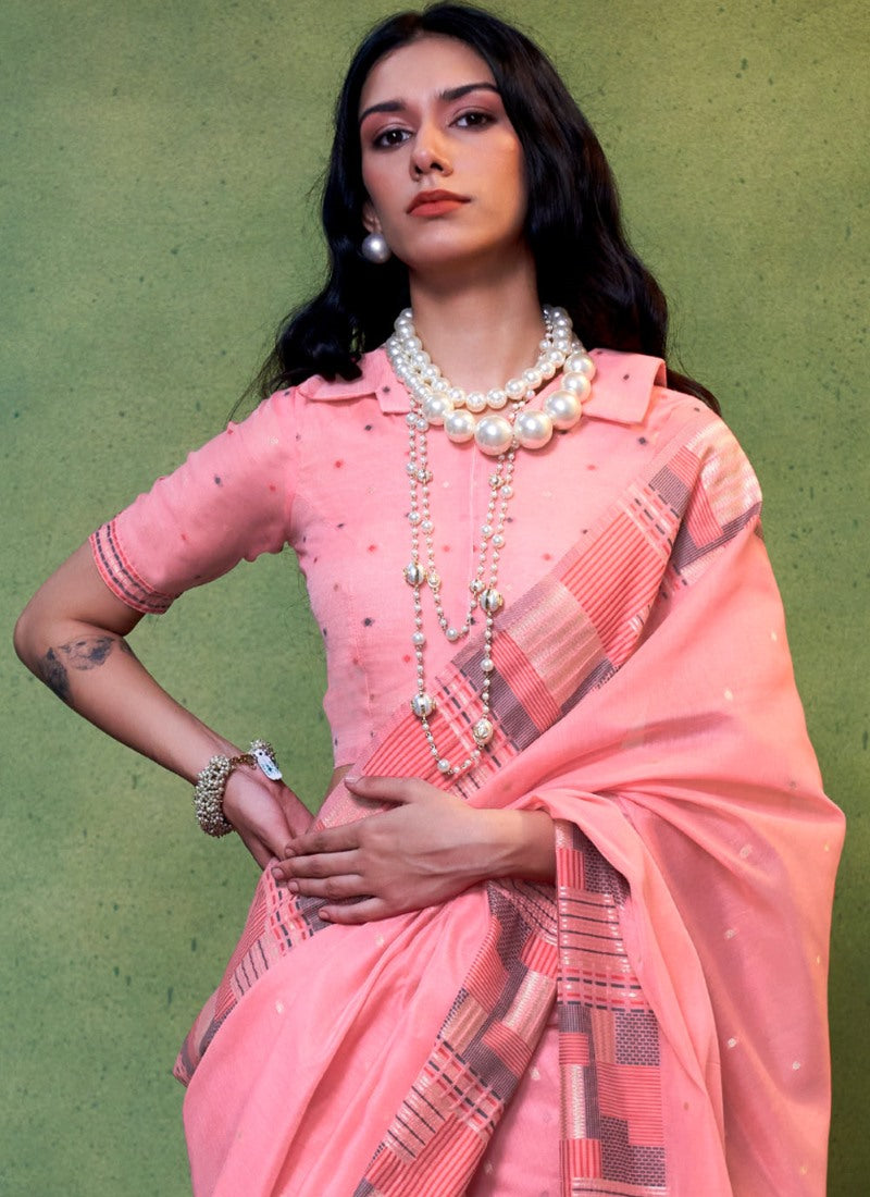 Pink Silk Handwoven Saree With Collar Blouse