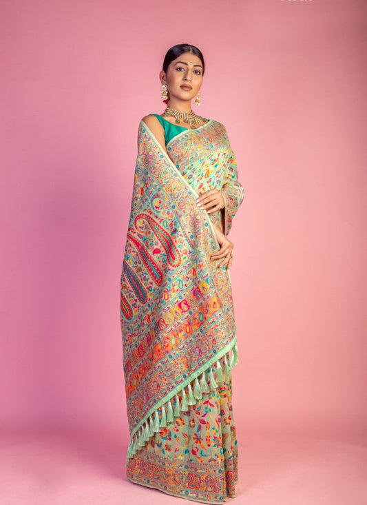 Light Green Pashmina Saree With Handloom Weaving