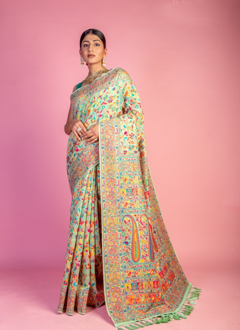 Light Green Pashmina Saree With Handloom Weaving