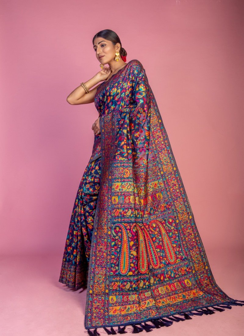 Blue Pashmina Saree With Handloom Weaving
