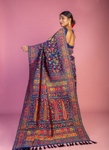 Blue Pashmina Saree With Handloom Weaving