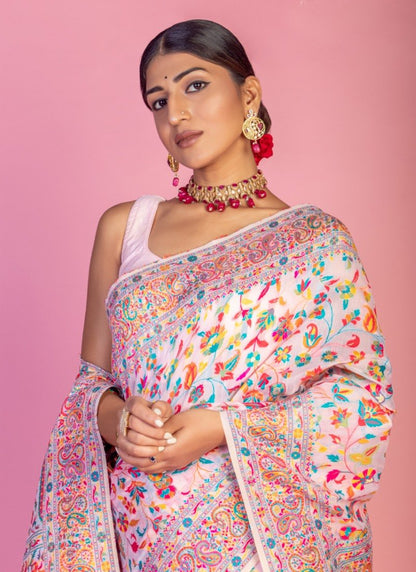 Pink Pashmina Saree With Handloom Weaving