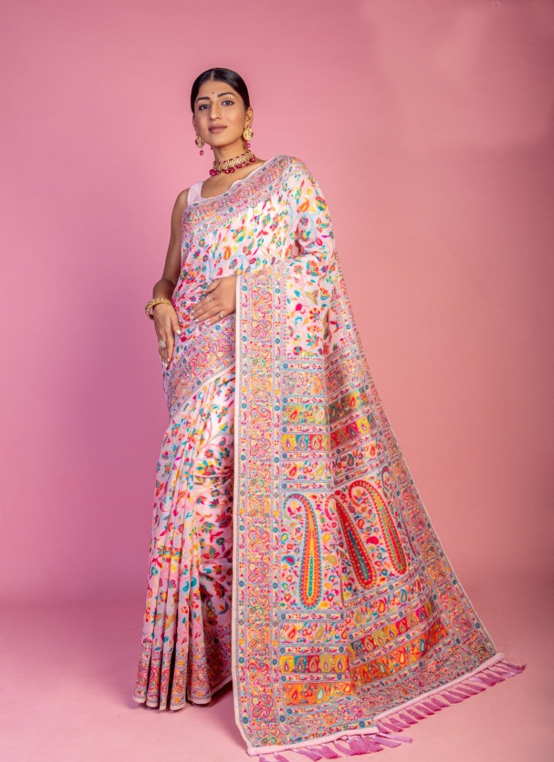 Pink Pashmina Saree With Handloom Weaving