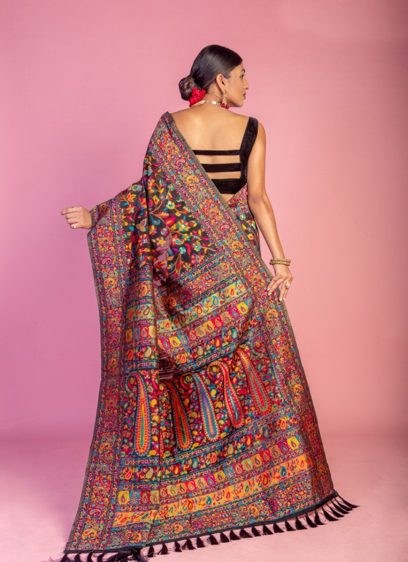 Black Pashmina Saree With Handloom Weaving