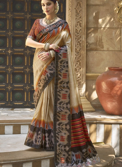 Beige Silk Heavy Work Saree