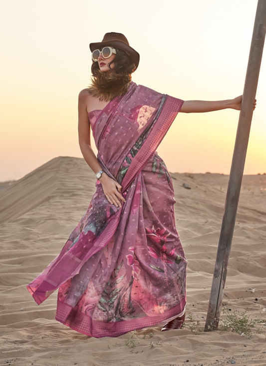 Purple Linen Printed Saree with Handwoven Work