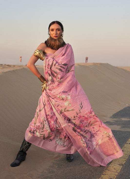Pink Linen Printed Saree with Handwoven Work