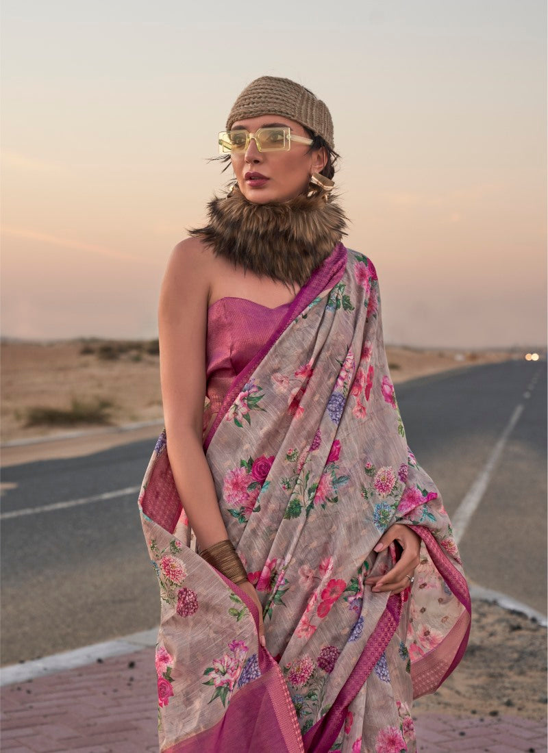 Gray Linen Printed Saree with Handwoven Work
