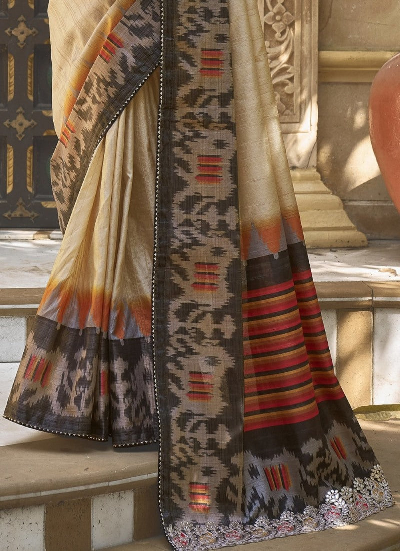 Beige Silk Heavy Work Saree