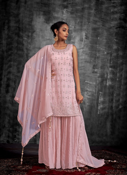 Pink Georgette Sharara Suit with Mirror, Zari and Thread Work