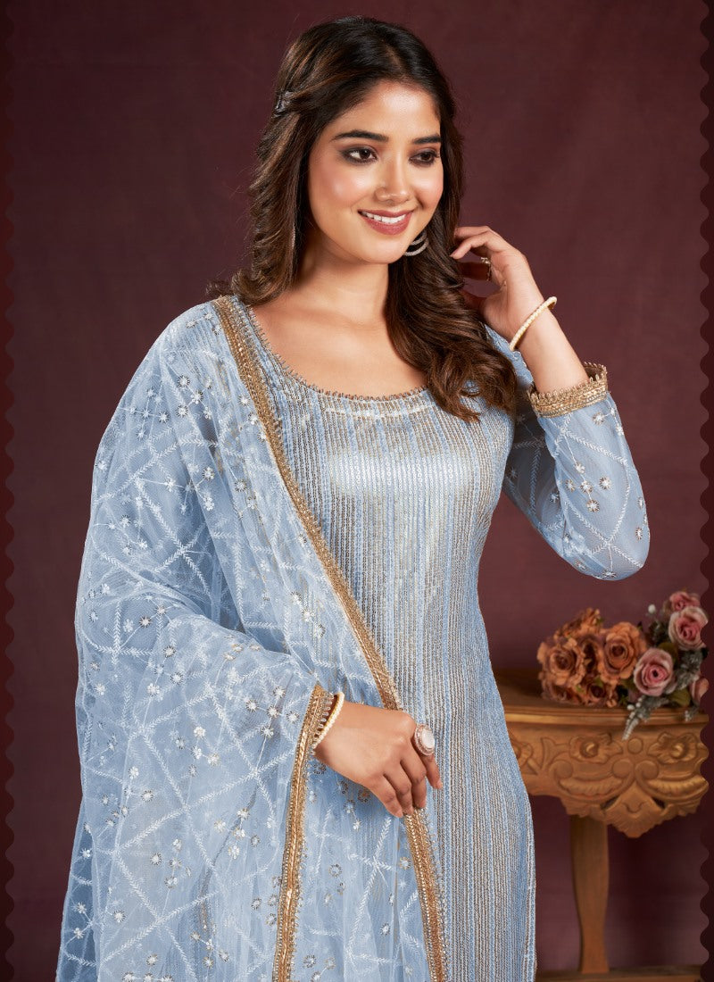 Sky Blue Pant Style Salwar Suit with Thread and Sequins Work-2