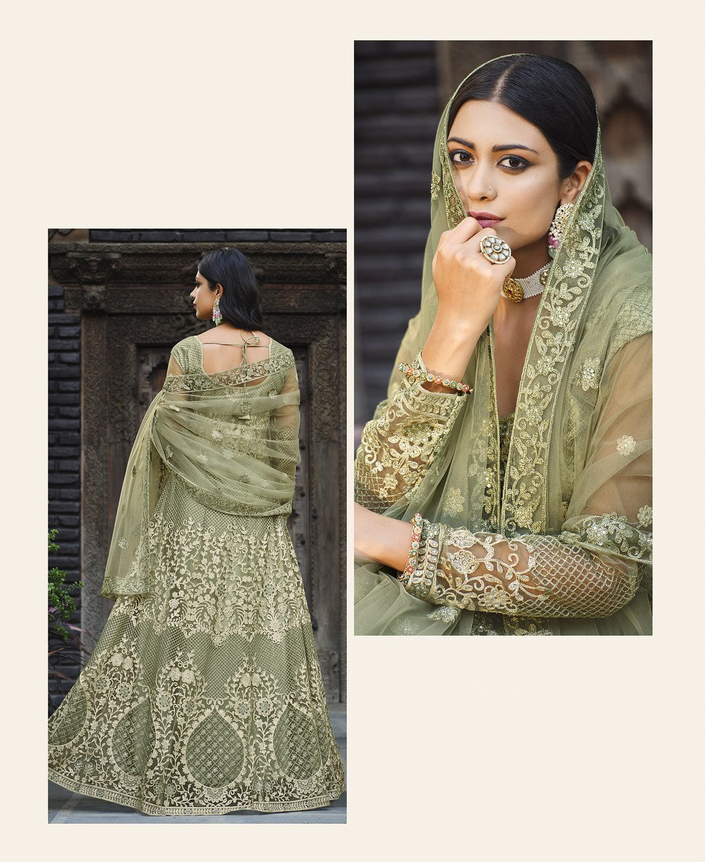 Olive Green Net Abaya Suit with Embroidery and Stone Work-2