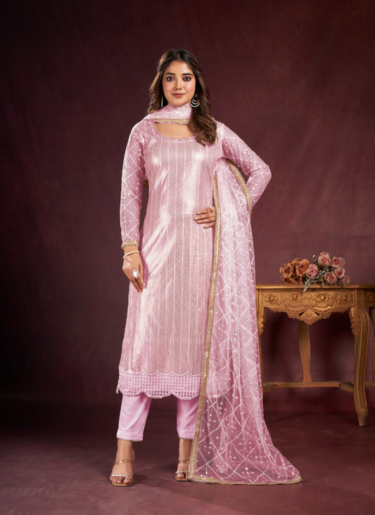 Pink Pant Style Salwar Suit with Thread and Sequins Work