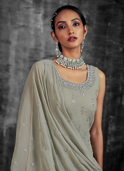 Olive Green Georgette Sharara Suit with Mirror, Zari and Thread Work-2