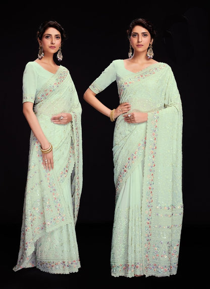 Pista Green  Party Wear Lucknowi Saree with Sequine Work-2