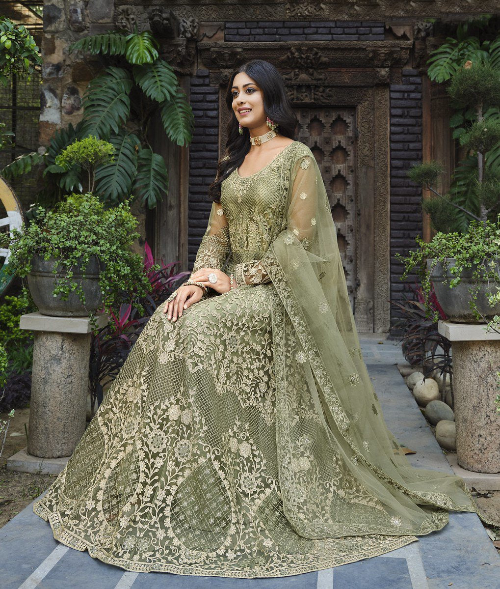 Olive Green Net Abaya Suit with Embroidery and Stone Work-2