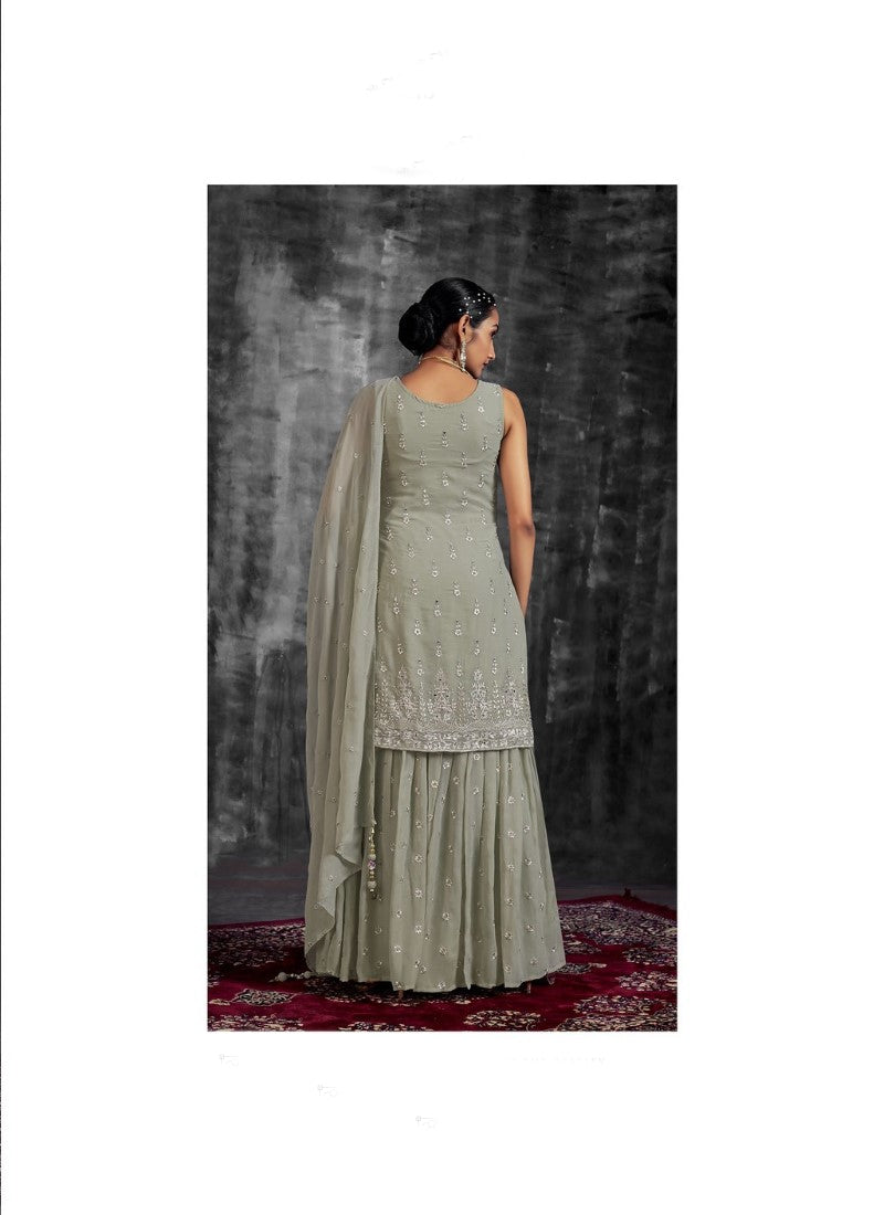 Olive Green Georgette Sharara Suit with Mirror, Zari and Thread Work-2