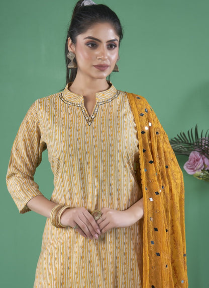 Yellow Cotton Women Kurta Pant With Dupatta