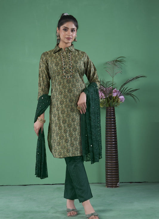 Green Cotton Women Kurta Pant With Dupatta