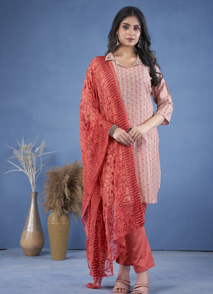 Pink Cotton Women Kurta Pant With Dupatta