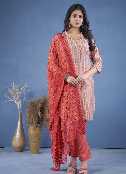 Pink Cotton Women Kurta Pant With Dupatta