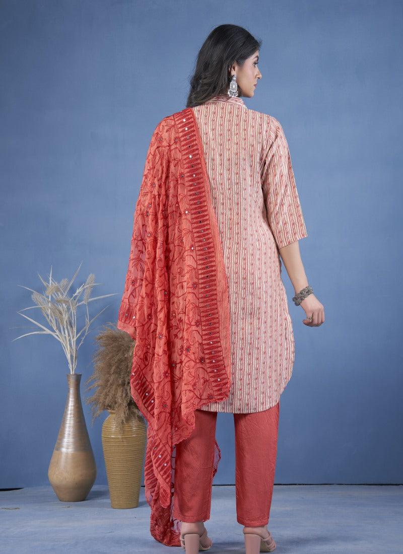 Pink Cotton Women Kurta Pant With Dupatta